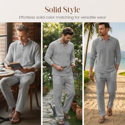💎 -55% ON MEN'S LINEN BLEND SET! 💎 Breathable 2-Piece Collared Shirt & Pants for Summer Relaxation