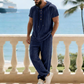 Men's 2-Piece Linen Set Hooded Henley Shirt & Pants