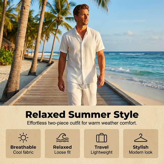 📢50% OFF !! ⏰Men's Textured 2-Piece Shirt & Pants Set – Breathable, Stand Collar, Elastic Waist 🌿
