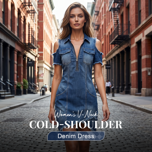 👗 50% OFF NOW!🌸 Women's V-Neck Cold-Shoulder Denim Dress