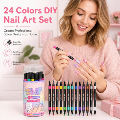 🎁🔥Last day sale 50% OFF!💞10K+ SOLD!🎨✨24 Colours Dual-Ended Nail Art Pens — Fine & Brush Tips, Smooth Ink Flow! Salon-Quality Nails at Home 💅